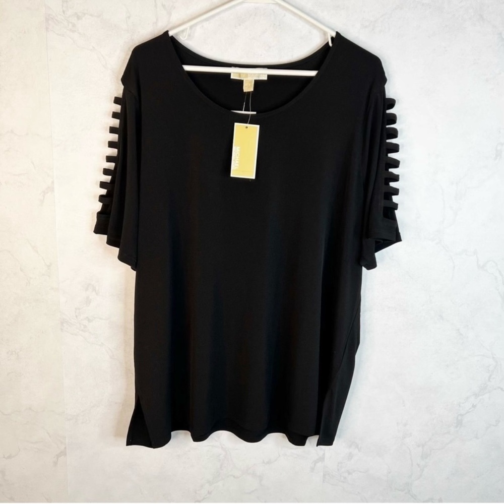 Michael Kors Black Short Sleeve Top with Ladder Sleeve Detail